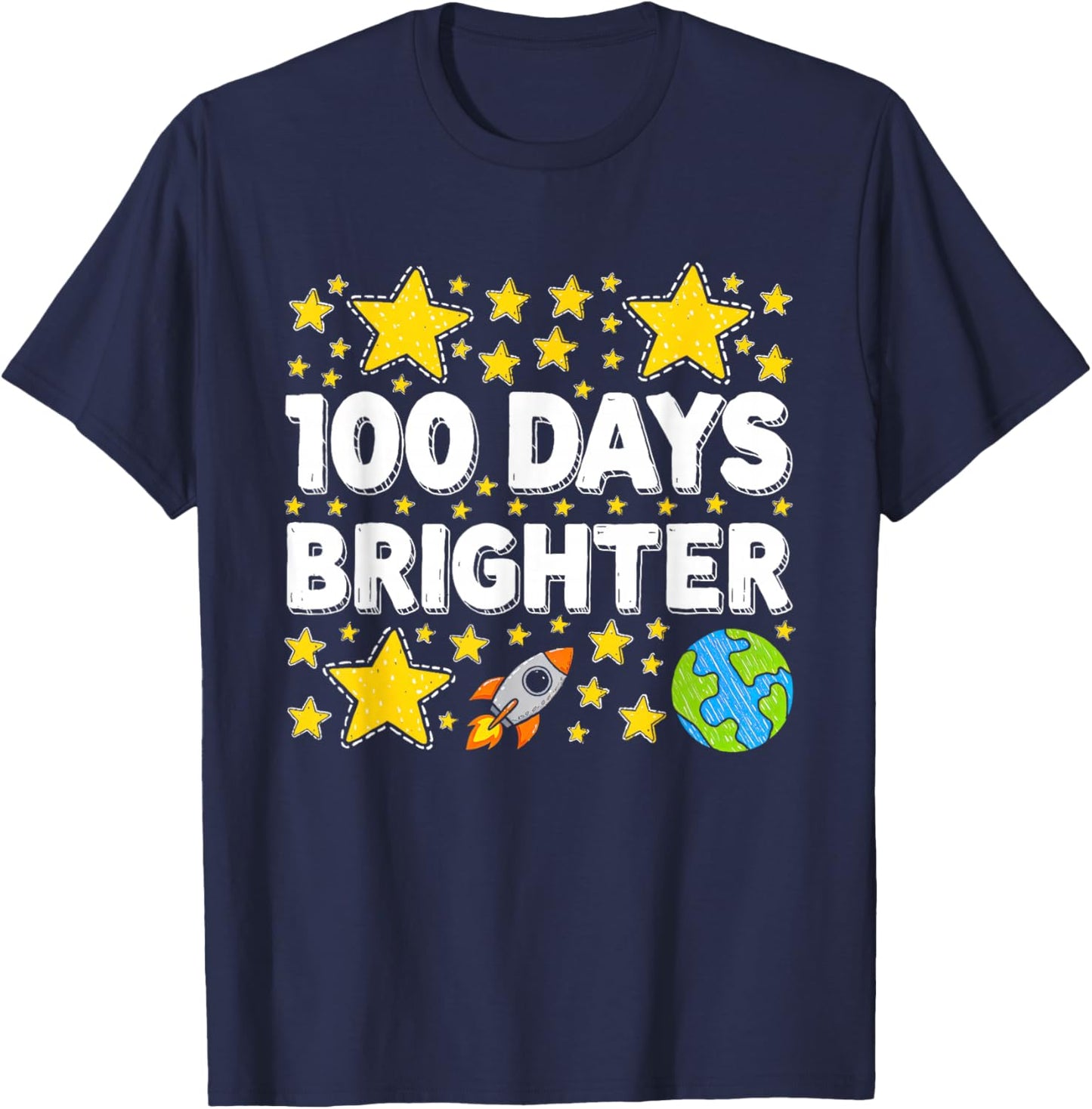 100 Days Brighter Rocket Stars 100th Day of School Boys Kids T-Shirt - T-Shirt | Navy