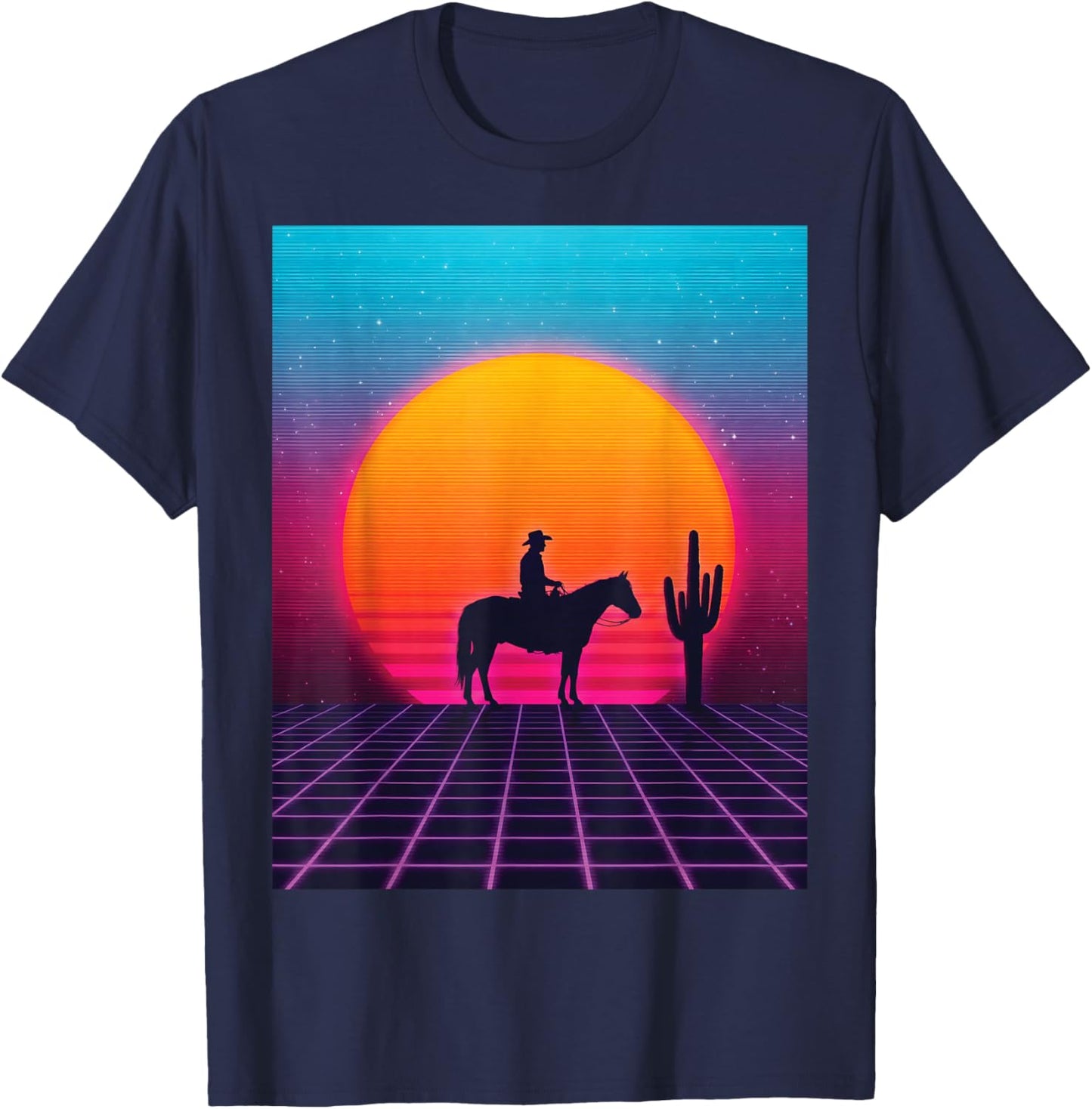 Synthwave Cowboy Retrowave 80s Western Horse Desert Sunset T-Shirt - T-Shirt | Navy