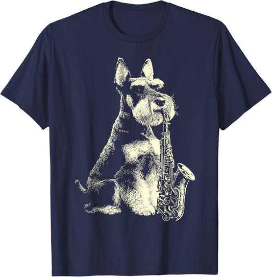 Schnauzer Playing Saxophone Player Funny Jazz Musician Dog T-Shirt - T-Shirt | Navy