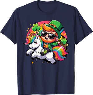 St Patricks Day Leprechaun On Unicorn Cute Saint Paddys Kids T-Shirt - T-Shirt | Navy