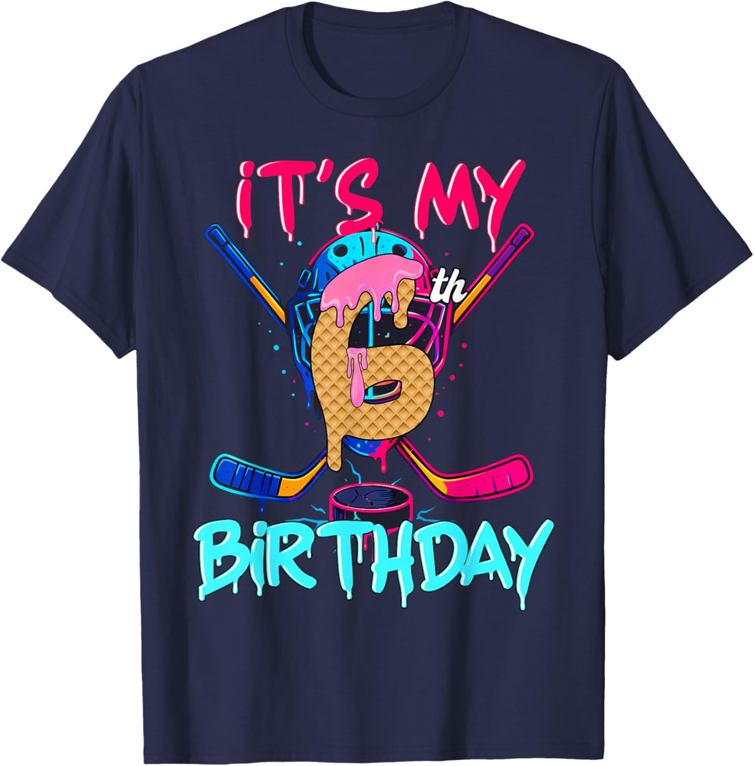 Hockey Ice Cream Drip It's My 6th Birthday Number 06 Player T-Shirt - T-Shirt | Navy