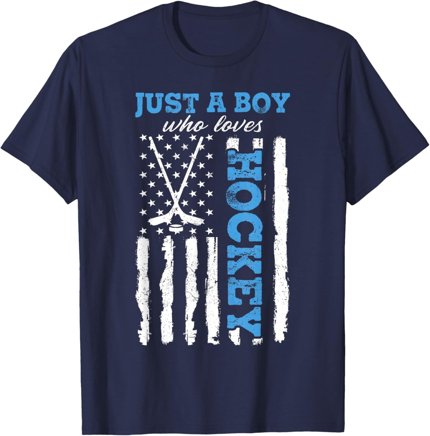 Just A Boy Who Loves Hockey USA Flag Ice Hockey Boys Kids T-Shirt - T-Shirt | Navy
