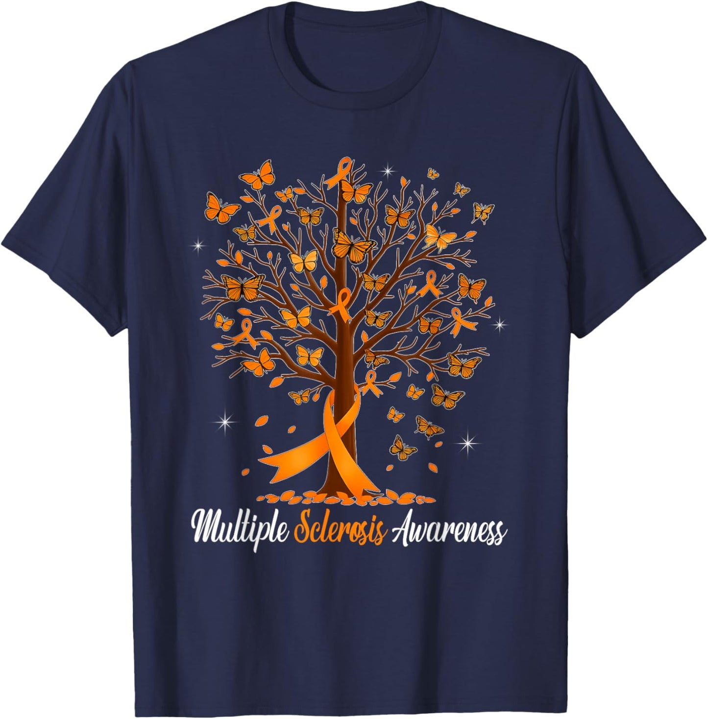 Multiple Sclerosis Awareness Butterfly Orange Ribbon T-Shirt - T-Shirt | Navy