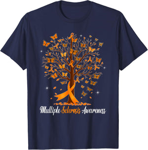 Multiple Sclerosis Awareness Butterfly Orange Ribbon T-Shirt - T-Shirt | Navy