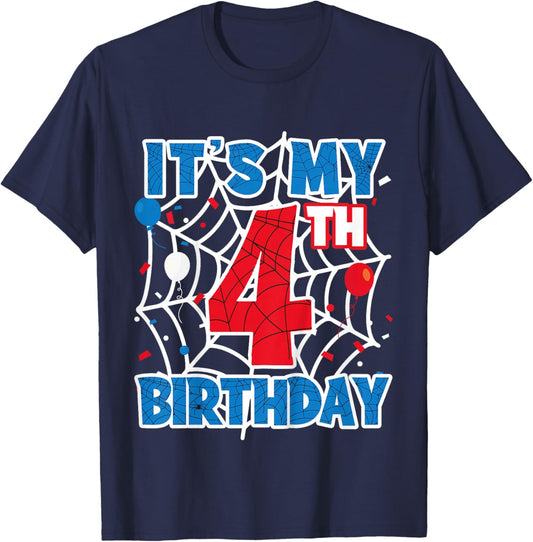 Kids Spider Web 4 Year Old Birthday Boy T-Shirt - T-Shirt | Navy