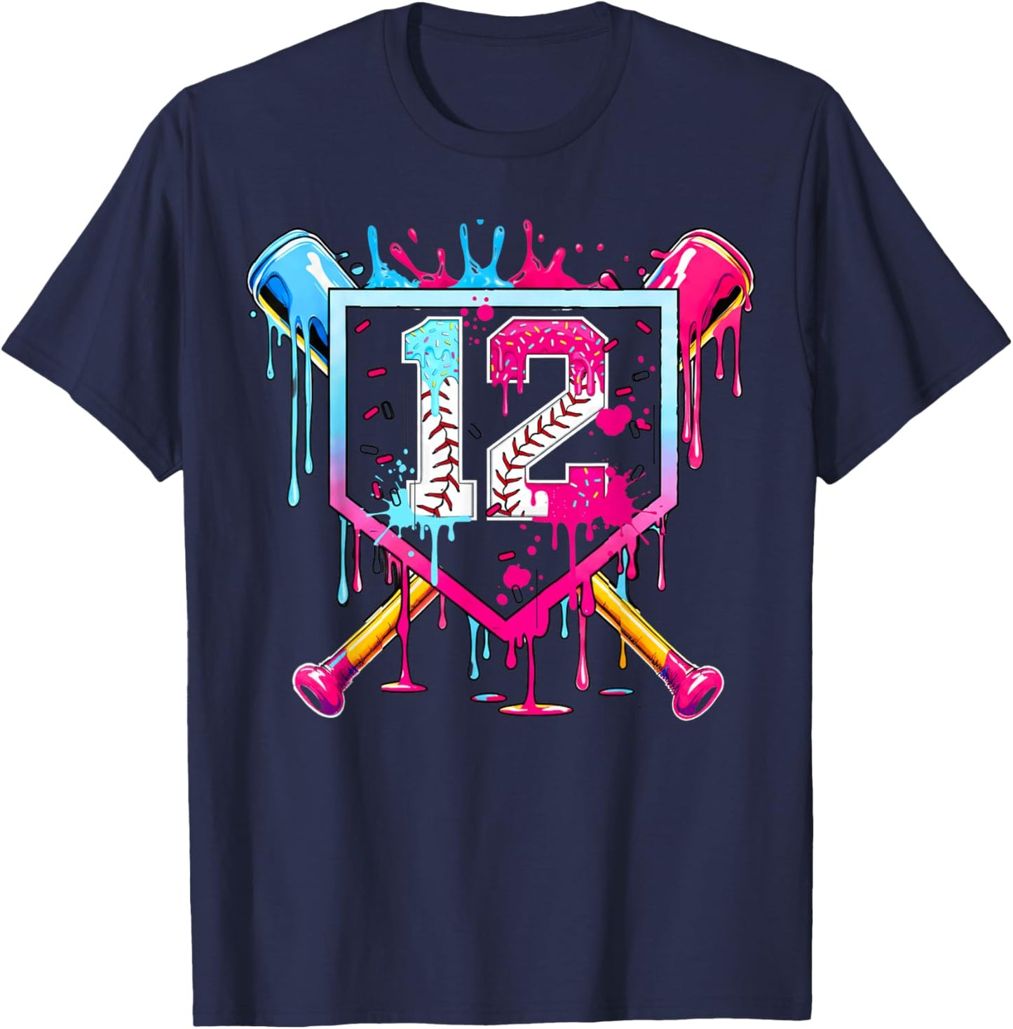 12th Birthday Boys Baseball Ice Cream Drip Boys Baseball T-Shirt - T-Shirt | Navy