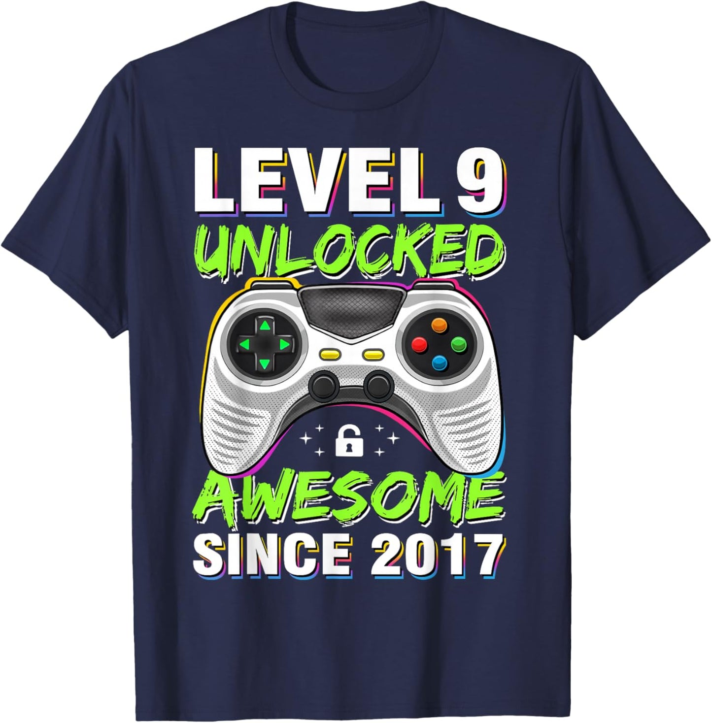 Level 9 Unlocked Awesome Since 2017 9th Birthday Gaming Boys T-Shirt - T-Shirt | Navy