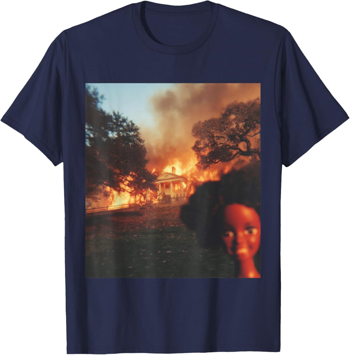 Funny Disaster Black Doll Face Meme Selfie House On Fire T-Shirt - T-Shirt | Navy