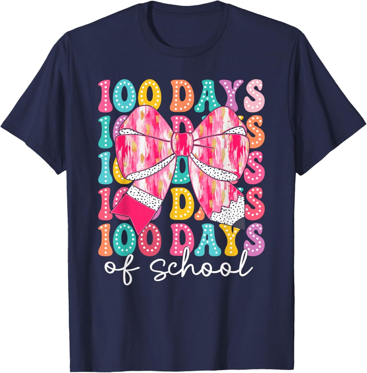 100 Days of School 100th Day Coquette Bow Girls Teacher T-Shirt - T-Shirt | Navy