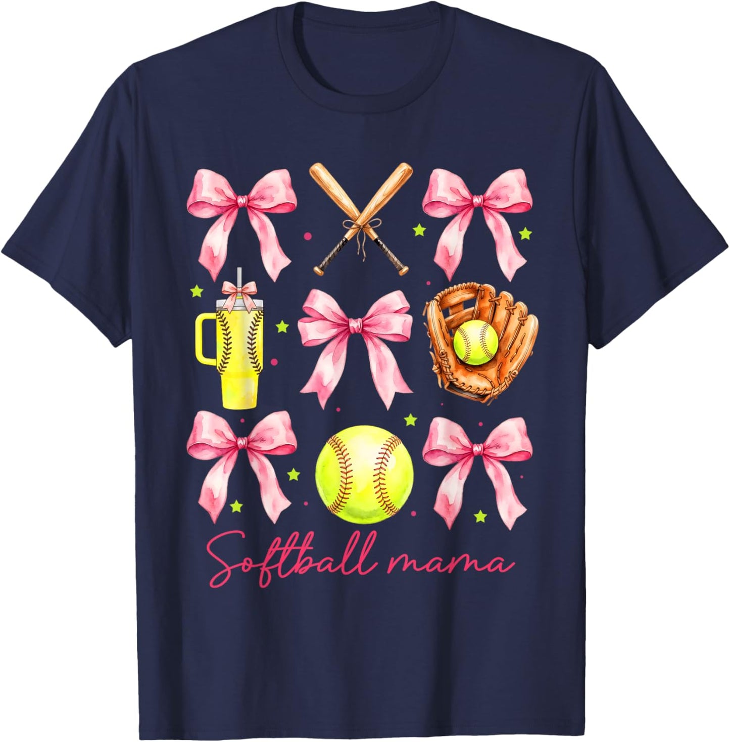 Softball Mama Coquette Bow Cheer Mom Mother's Day Game Day T-Shirt - T-Shirt | Navy