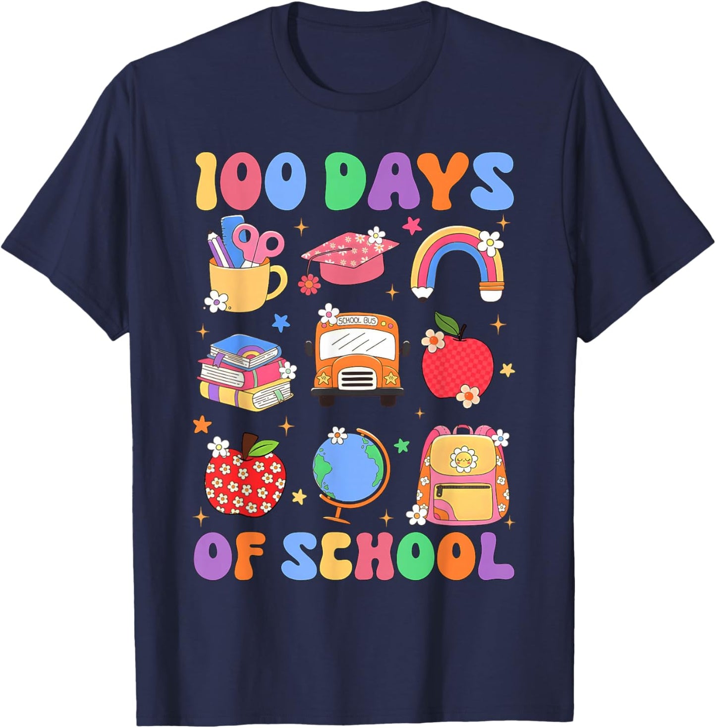 Happy 100 Days of School Cute Pencil Apple Boy Girl Teacher T-Shirt - T-Shirt | Navy