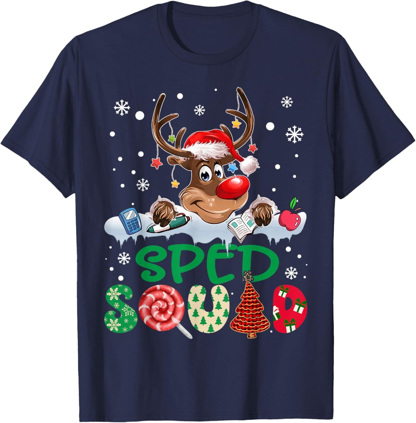 Reindeer Santa Hat SPED Squad Teacher Funny Christmas Kids T-Shirt - T-Shirt | Navy