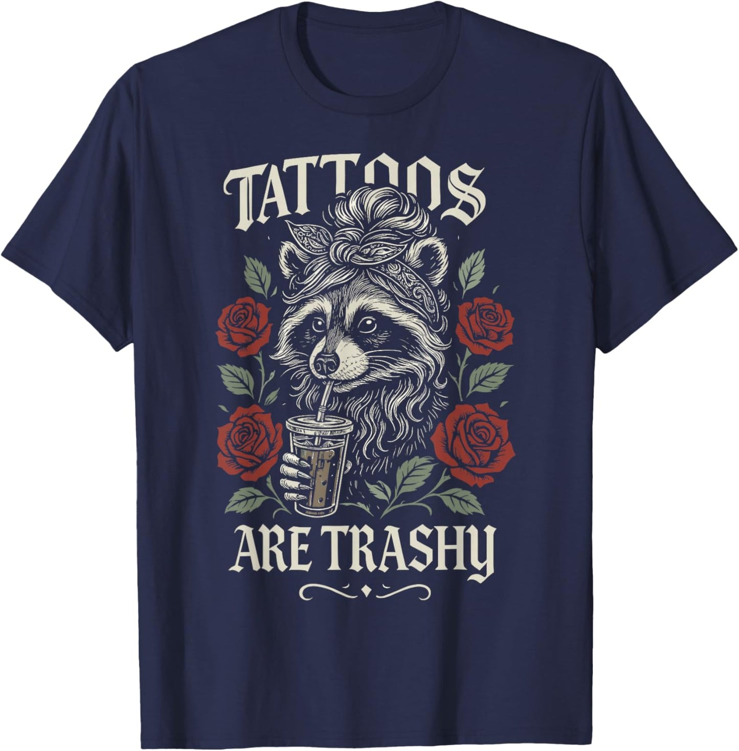 Funny Tattoo Raccoon Trash Panda Design Retro Inked Animal T-Shirt - T-Shirt | Navy