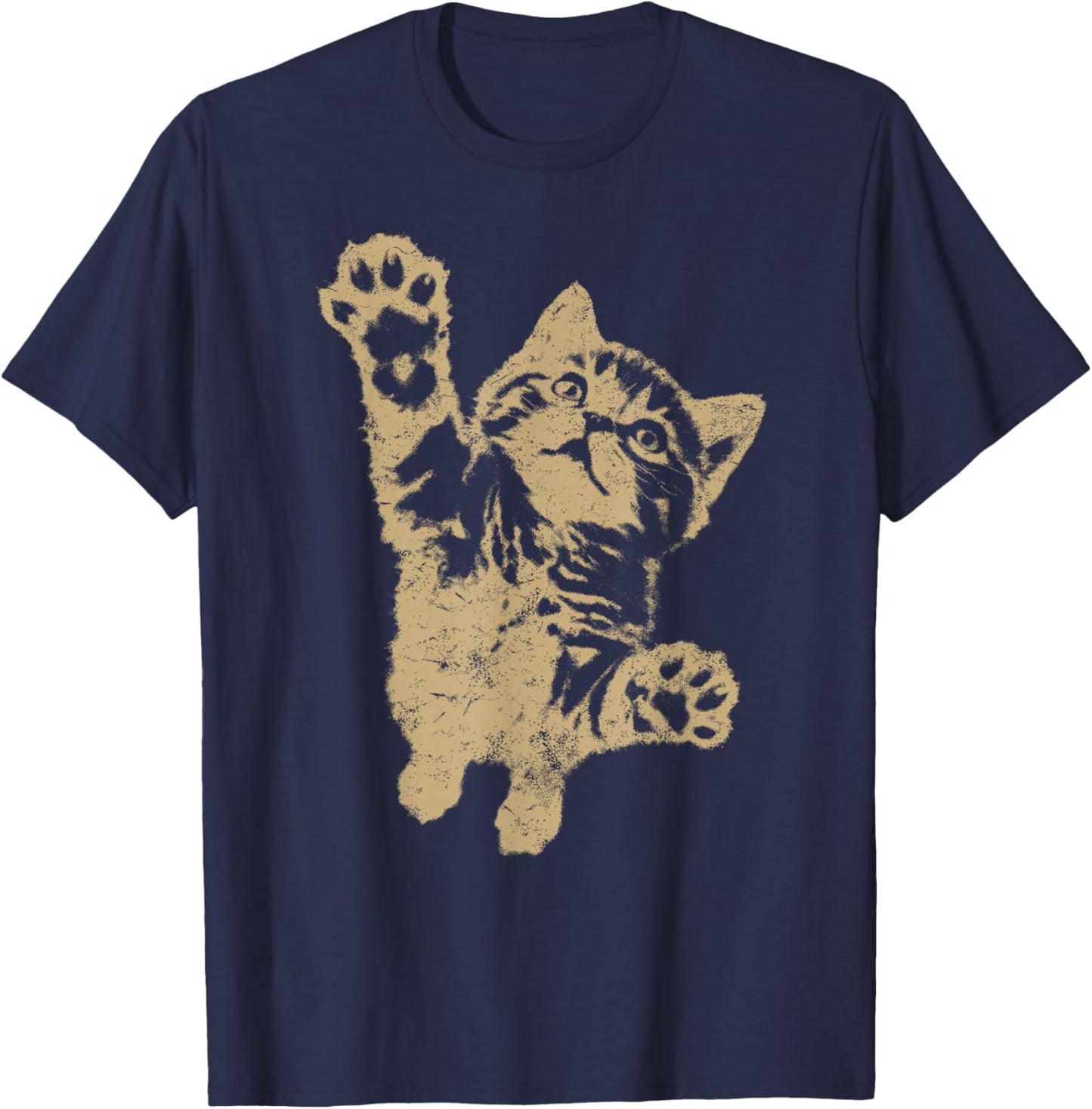 Funny Cat Jumping Up Brown Distressed Vintage Grunge Graphic T-Shirt - T-Shirt | Navy