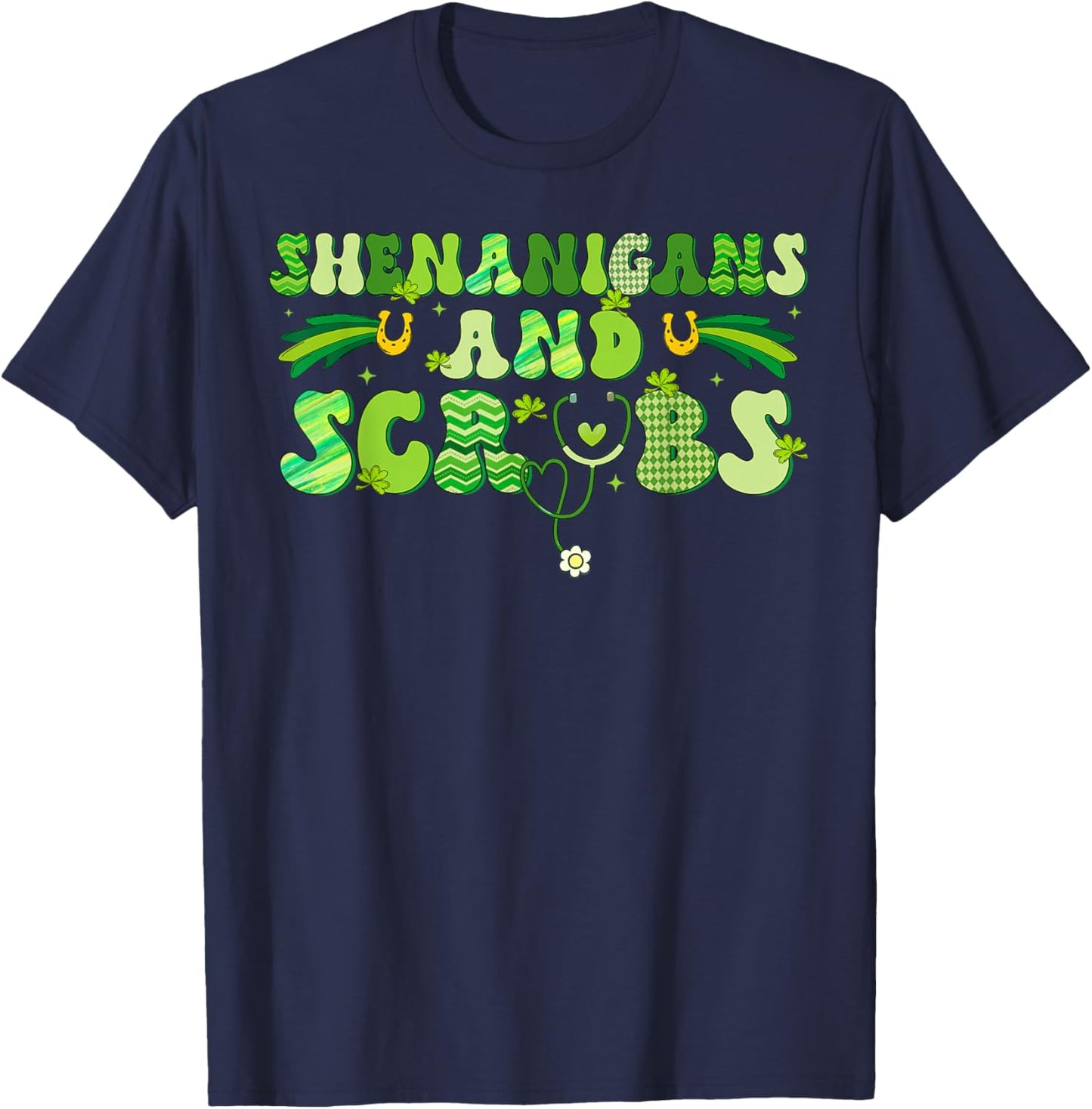 Saint Patrick's Day Shenanigans Scrubs Green Shamrock Nurse T-Shirt - T-Shirt | Navy