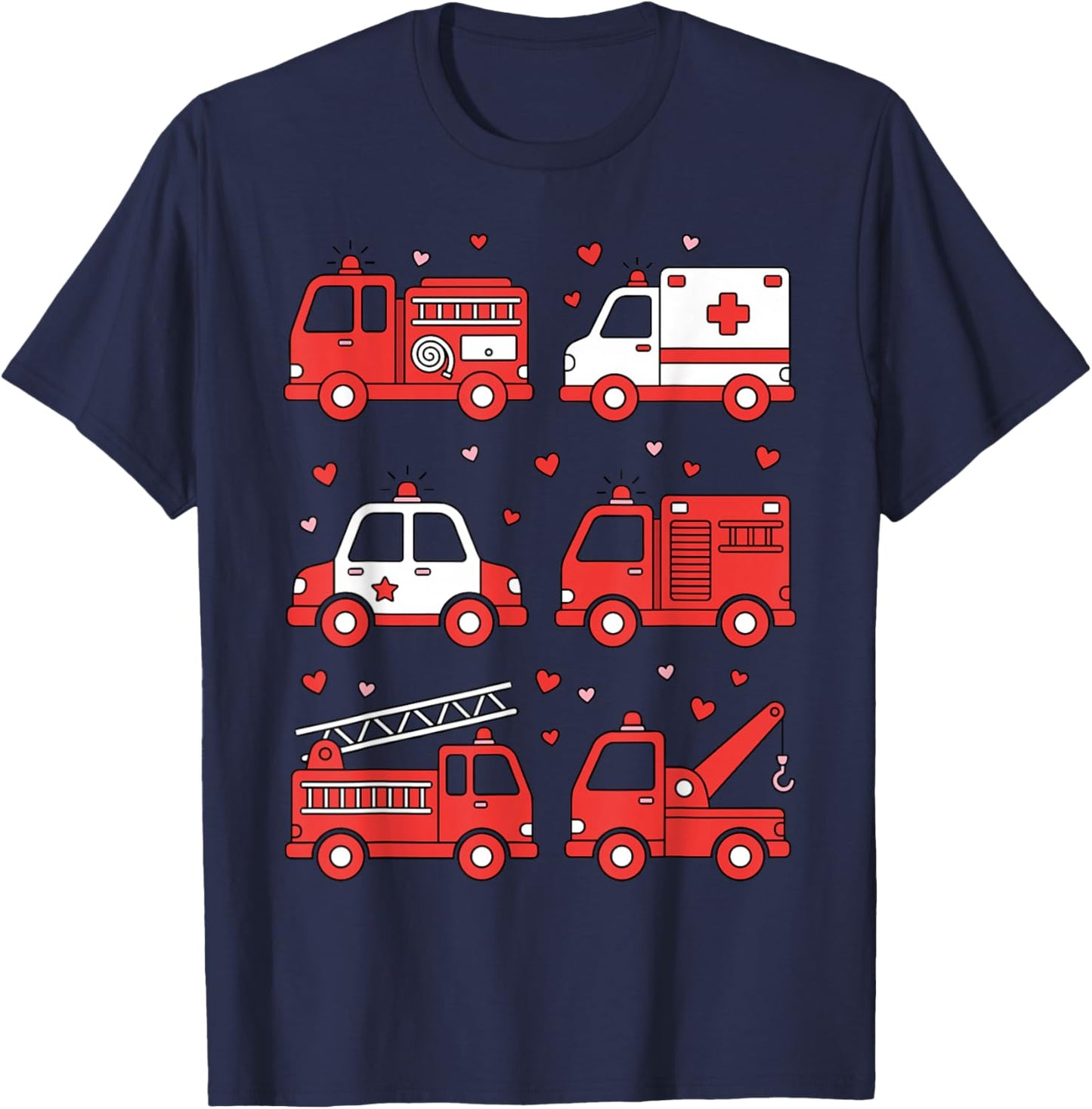 Emergency Vehicles Design Boys Fire Truck Police Valentines T-Shirt - T-Shirt | Navy