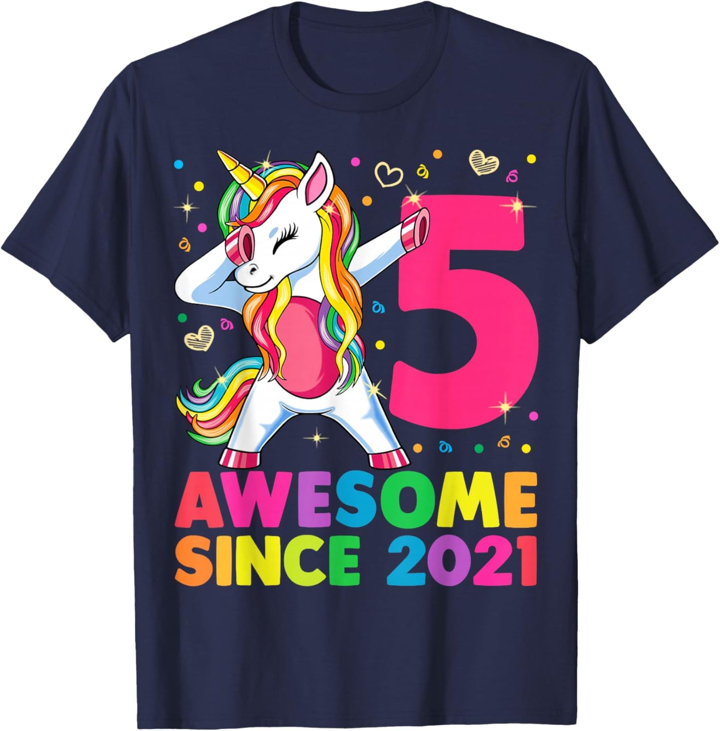5 Years Old Unicorn Dabbing 5th Birthday Girl Unicorn Party T-Shirt - T-Shirt | Navy
