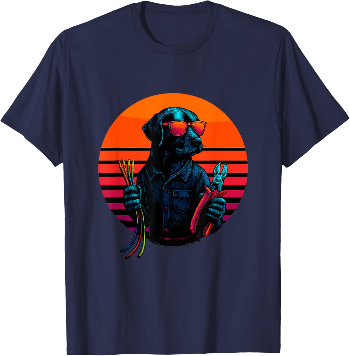 Retro Dog with Cable Wiring Electrician T-Shirt - T-Shirt | Navy