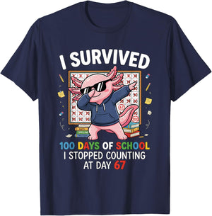 I Survived 100 Days of School 67 Dabbing Axolotl Student T-Shirt - T-Shirt | Navy