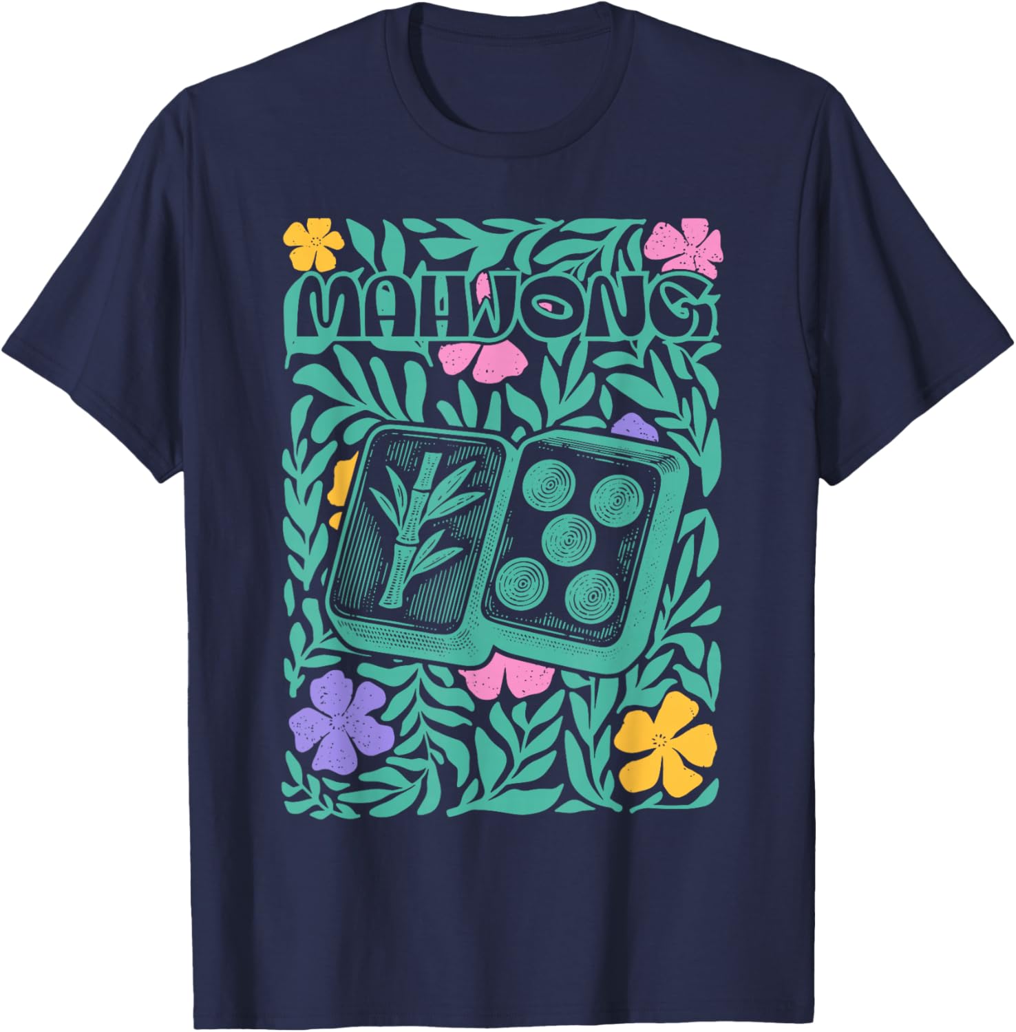 Boho Floral Mahjong Player Matching Mahjong Club Game Set T-Shirt - T-Shirt | Navy