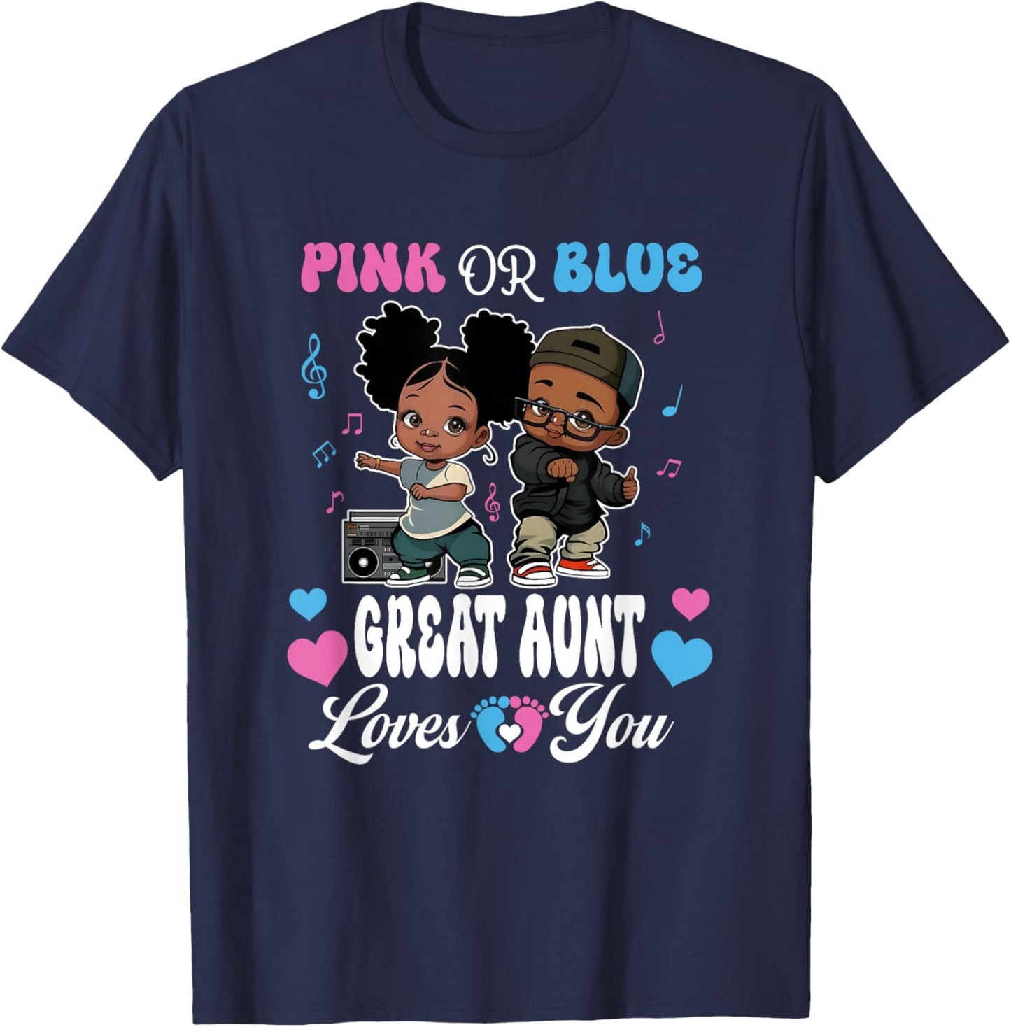 Pink Or Blue Great Aunt Loves You Black Baby Gender Reveal T-Shirt - T-Shirt | Navy
