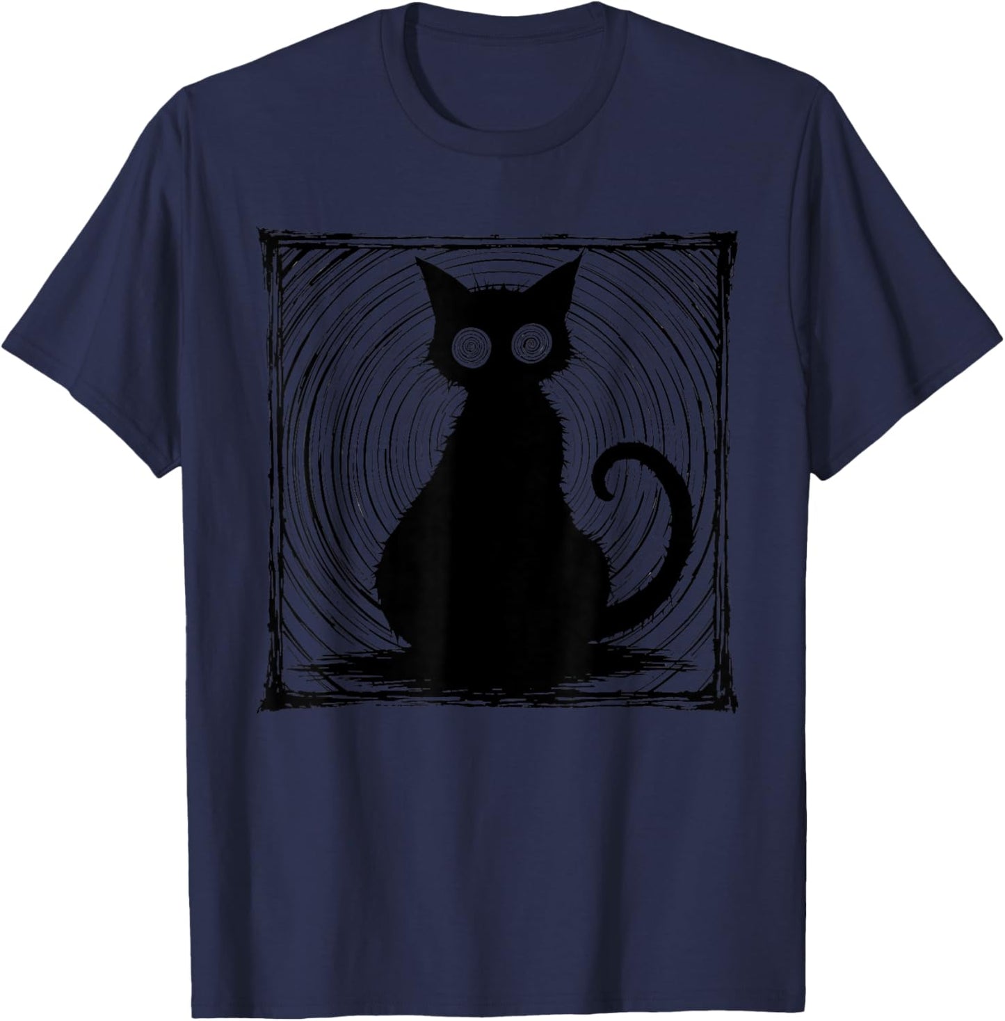 Hypnotic Black Cat Trippy Spiral Eyes Spooky Halloween T-Shirt - T-Shirt | Navy