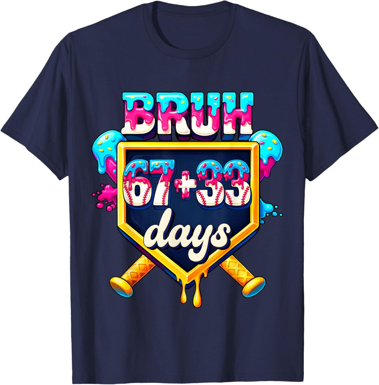 Happy 67+33 Days of School Baseball Drip 100th Day of School T-Shirt - T-Shirt | Navy