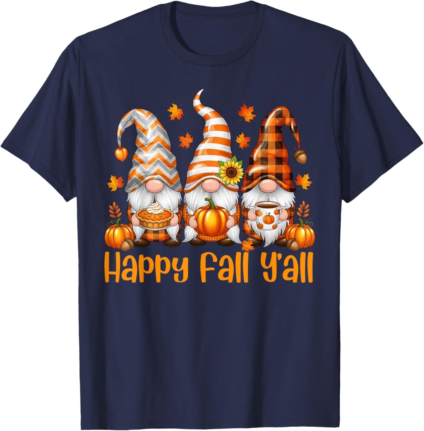 Happy Fall Y'all Gnome Pumpkin Thanksgiving Men Women Autumn T-Shirt - T-Shirt | Navy