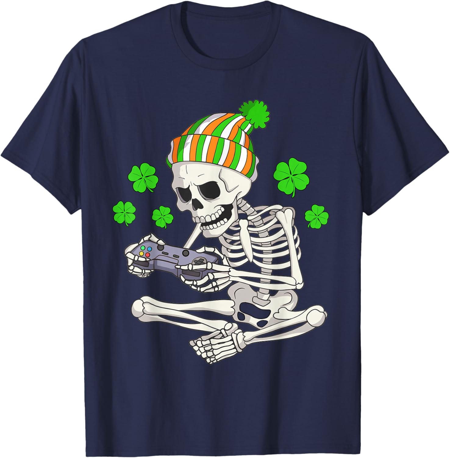 Boys St Patricks Day Skeleton Gamer Video Games Gaming T-Shirt - T-Shirt | Navy