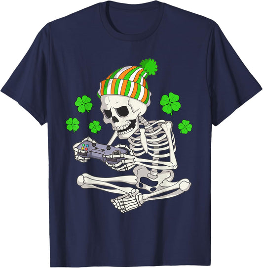 Boys St Patricks Day Skeleton Gamer Video Games Gaming T-Shirt - T-Shirt | Navy