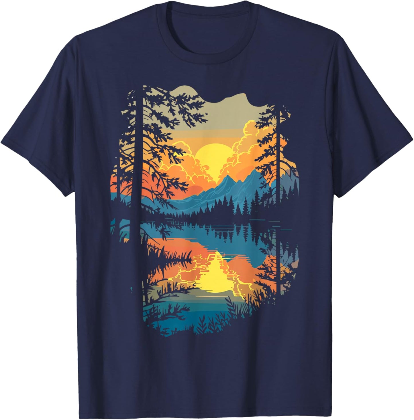 Nature Trees Reflection Forest Outdoor T-Shirt - T-Shirt | Navy