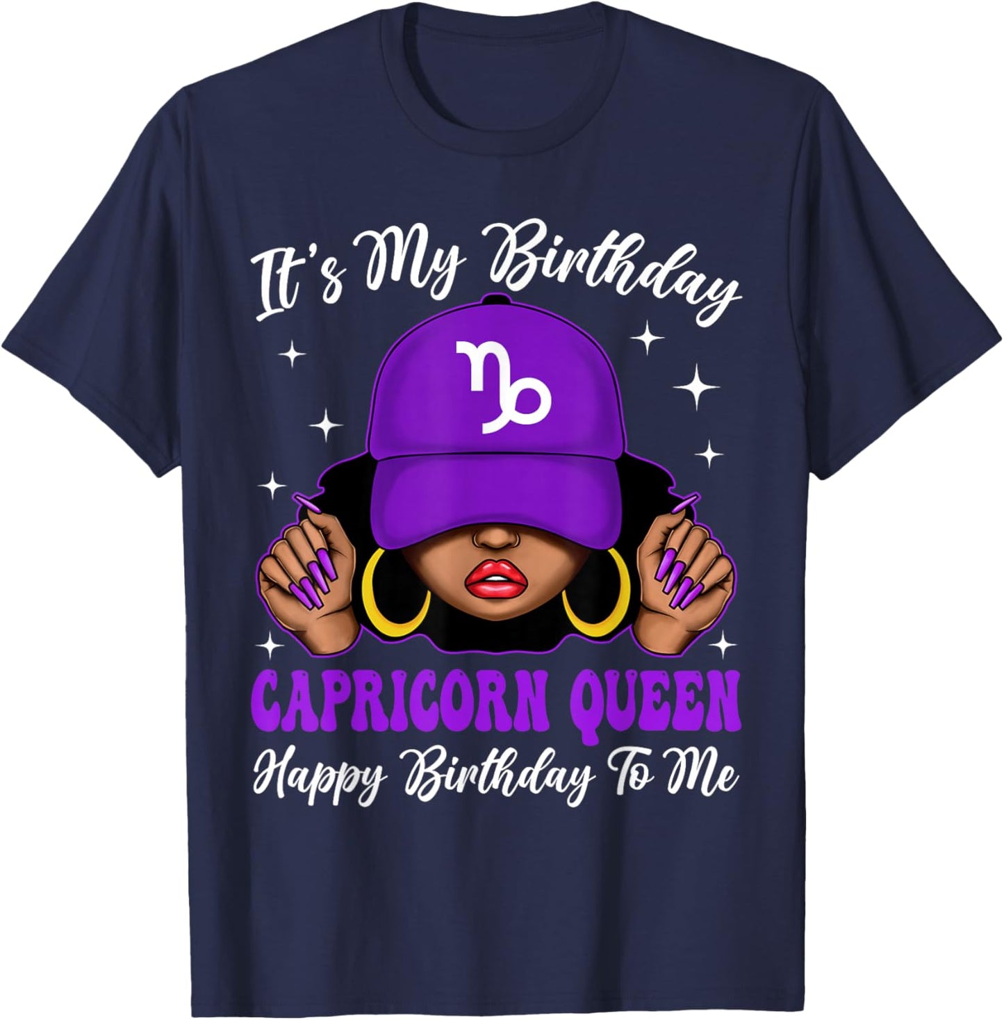Capricorn Queen African American Black Woman Purple Cap T-Shirt - T-Shirt | Navy