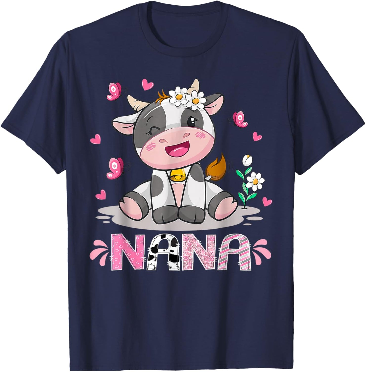 Nana Pink Farm Cow Birthday Girl Matching Family T-Shirt - T-Shirt | Navy