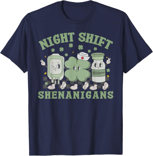 Retro Night Shift Shenanigans Nurse Shamrock St Patricks Day T-Shirt - T-Shirt | Navy