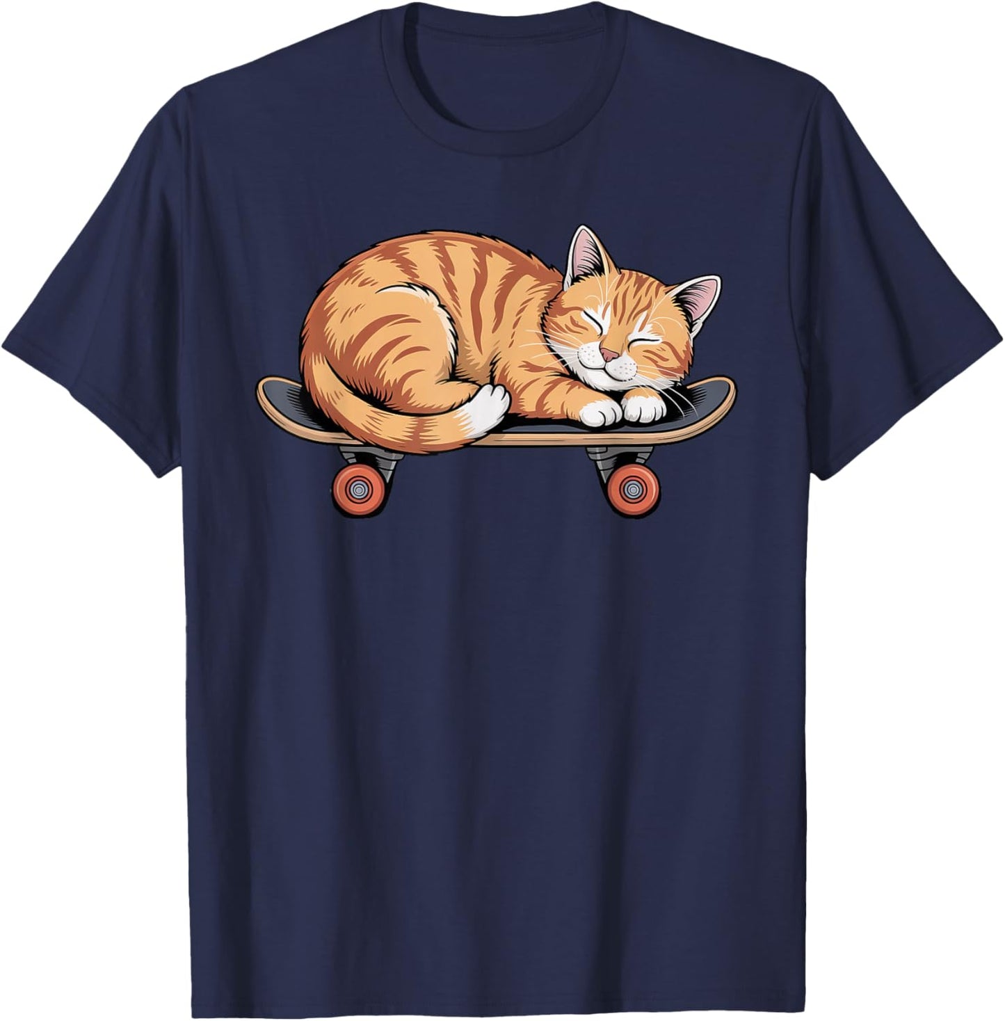 Funny Orange Cat Sleeping On A Skateboard Skateboarding T-Shirt - T-Shirt | Navy