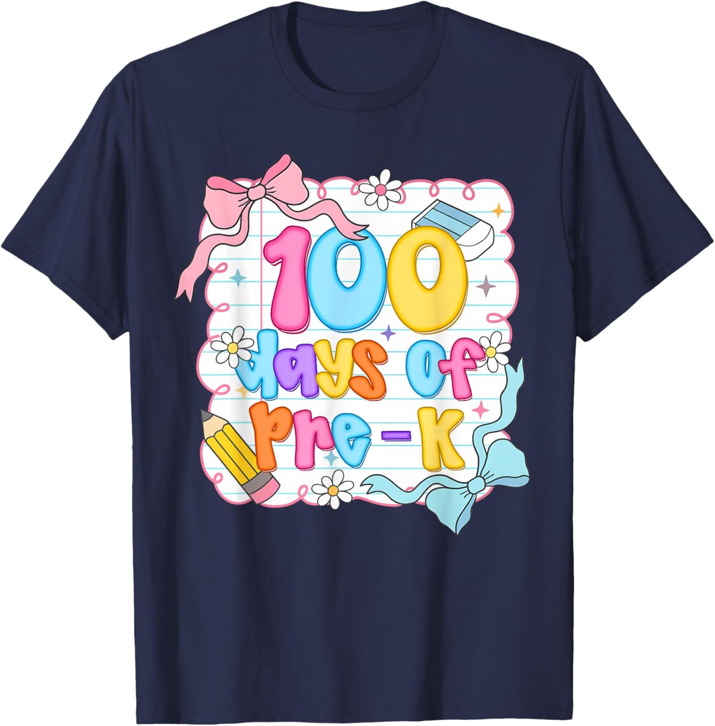 Preppy 100 Days of Pre-K Teacher Kids Coquette Bow T-Shirt - T-Shirt | Navy