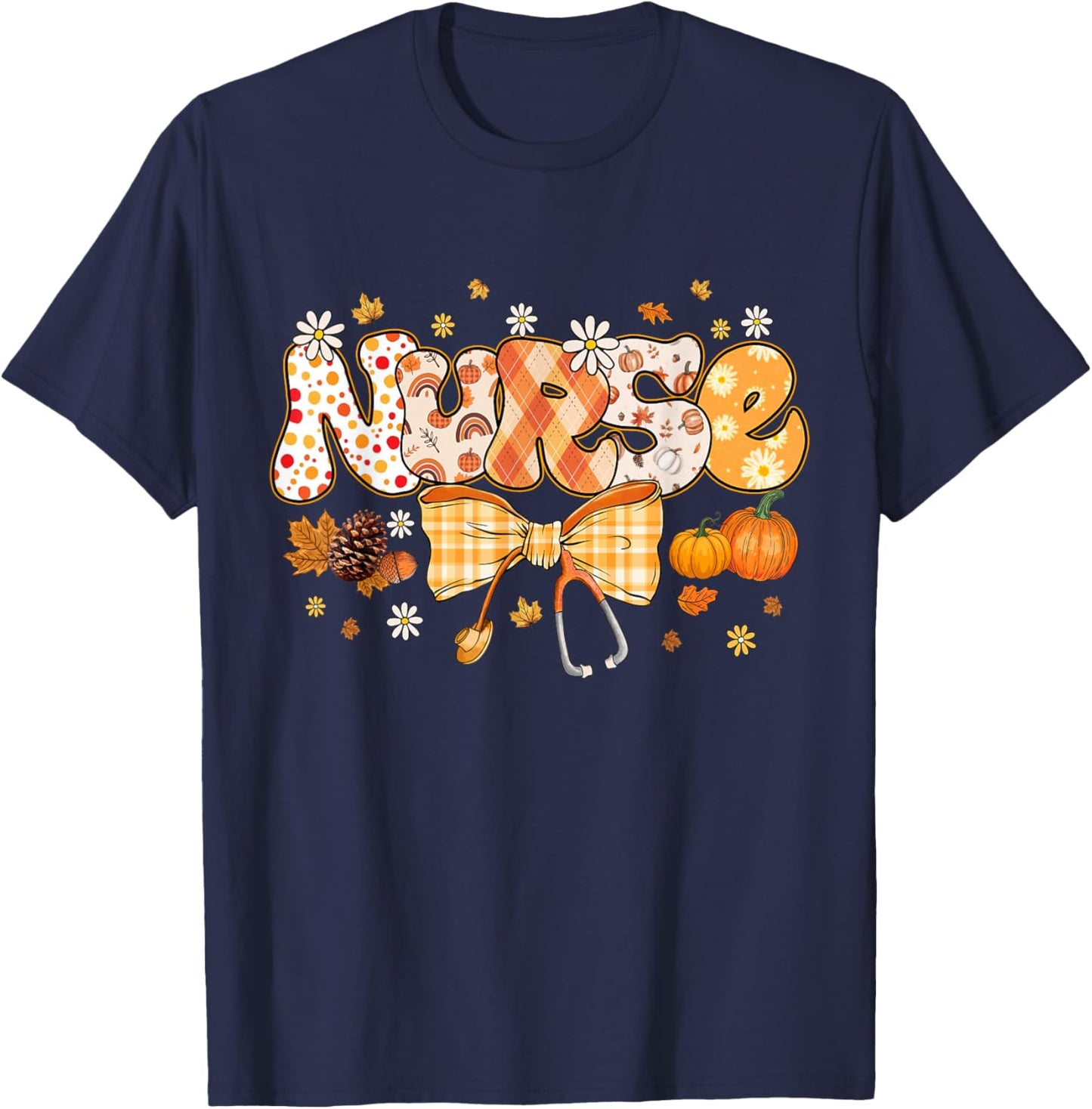 Retro Pumpkin Nurse Life Stethoscope Fall Happy Thanksgiving T-Shirt - T-Shirt | Navy