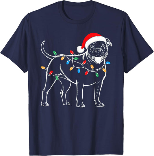Pitbull Dog Christmas Tree Lights Xmas Pet Animal Dog Lover T-Shirt - T-Shirt | Navy