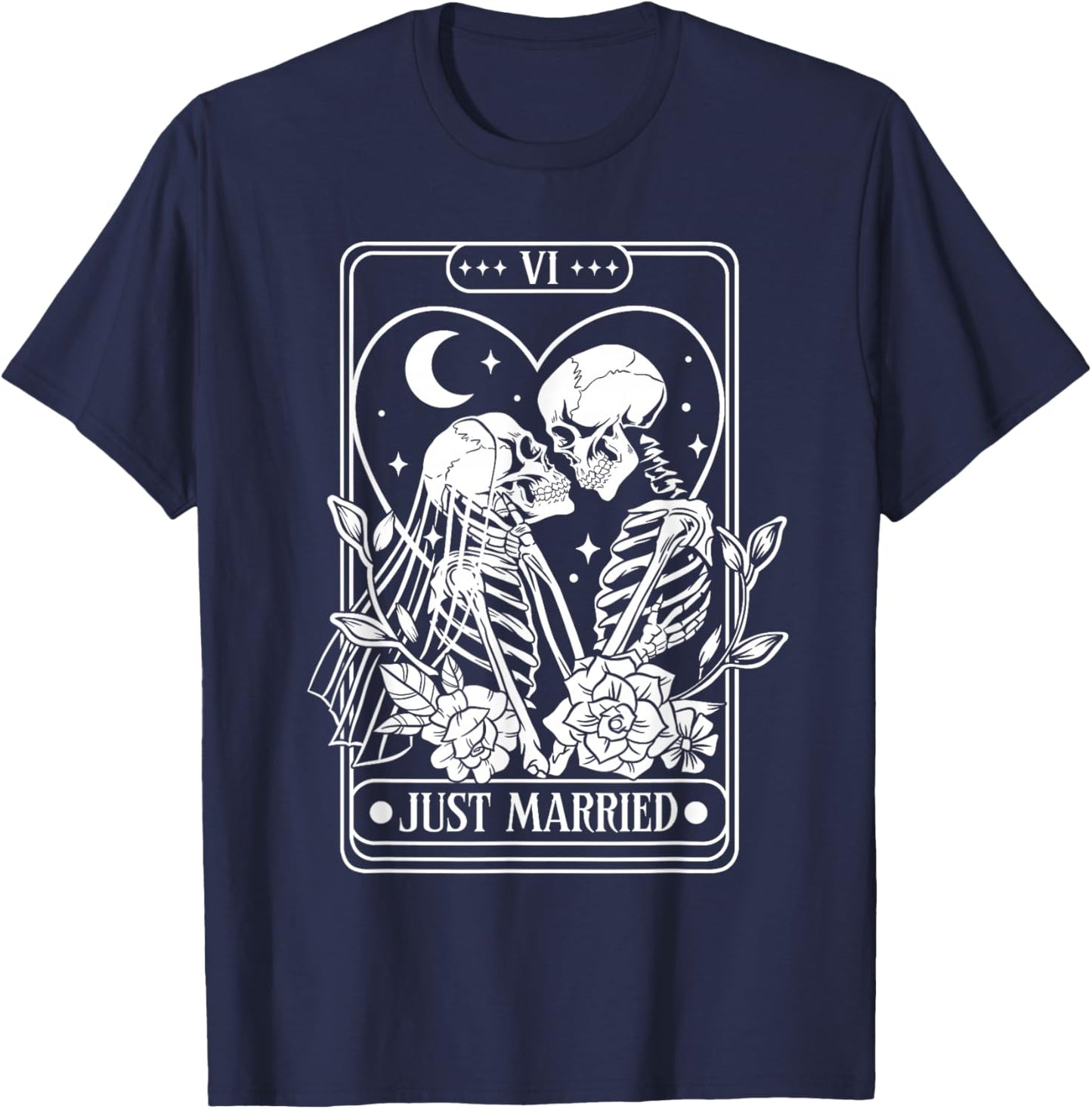 Just Married Skeleton Couples Tarot Card Mr & Mrs Gothic T-Shirt - T-Shirt | Navy