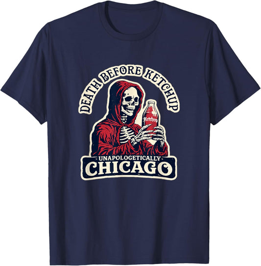 Grim Reaper Death Before Ketchup - Funny Chicago Hot Dog T-Shirt - T-Shirt | Navy