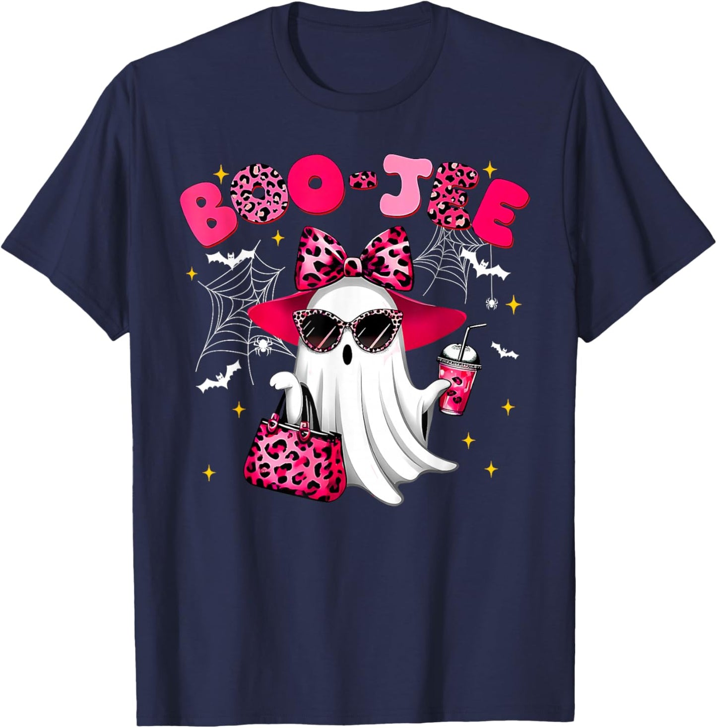 Cute Boo JEE Ghost Halloween Pink Leopard Bow Ghost T-Shirt - T-Shirt | Navy