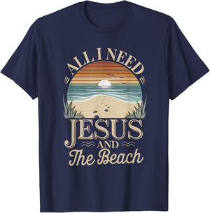 All I Need Jesus and The Beach Funny Christian Sun Vacation T-Shirt - T-Shirt | Navy