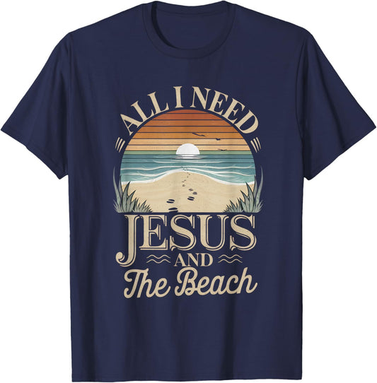 All I Need Jesus and The Beach Funny Christian Sun Vacation T-Shirt - T-Shirt | Navy