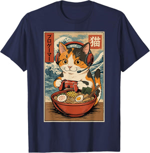 Kawaii Anime Gamer Cat Ramen Retro Japanese Gaming Funny T-Shirt - T-Shirt | Navy
