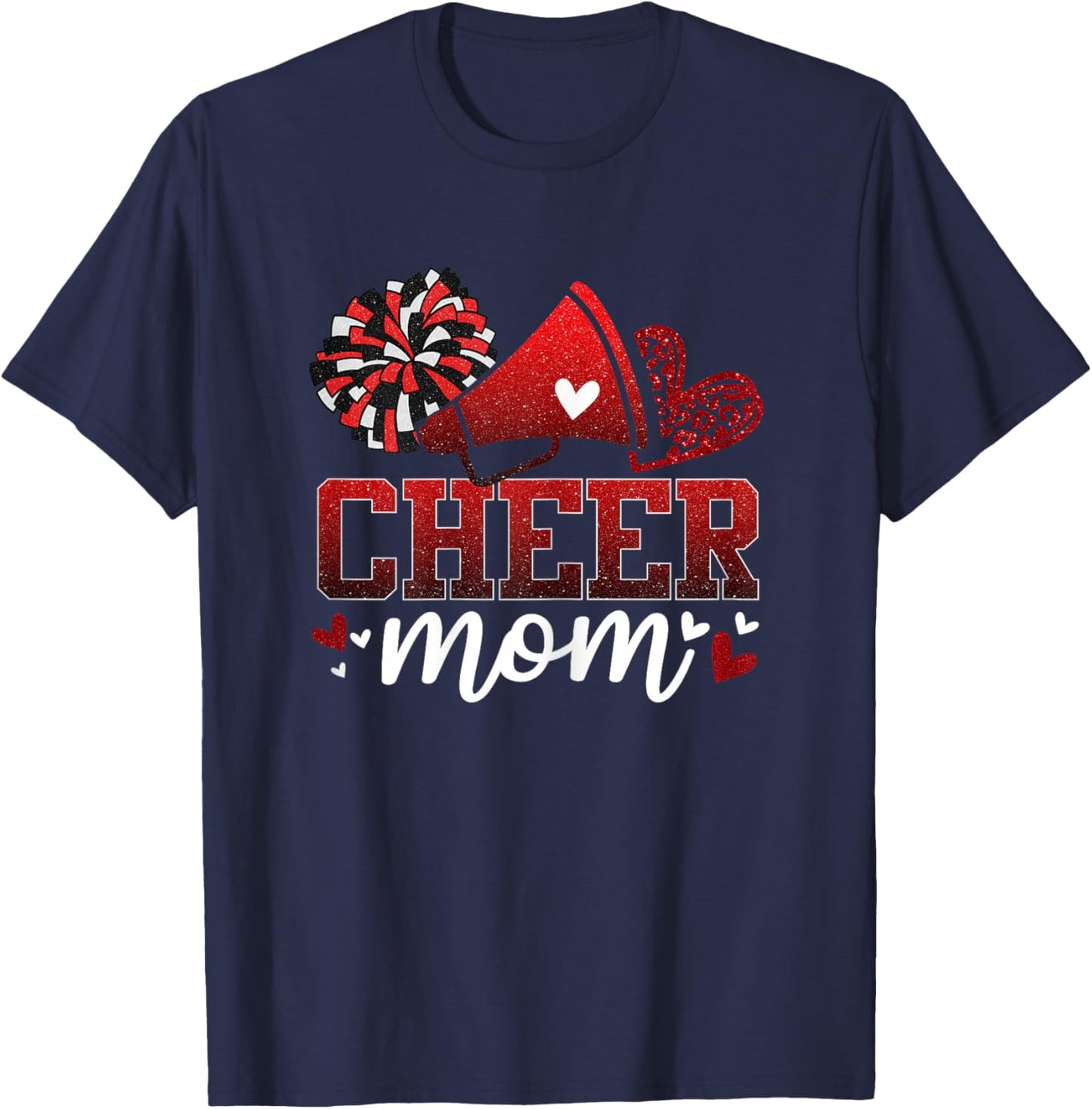 Football Cheer Mom Red Black Pom Leopard Cheerleader T-Shirt - T-Shirt | Navy