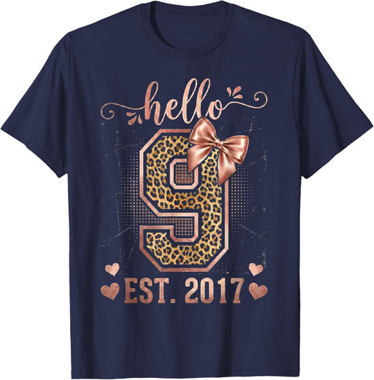 Hello Ninne EST 2017 9th Birthday Coquette 9 Year Leopard T-Shirt - T-Shirt | Navy