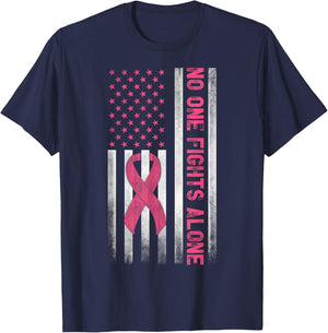 American Flag Pink Ribbon No One Fights Breast Cancer Alone T-Shirt - T-Shirt | Navy