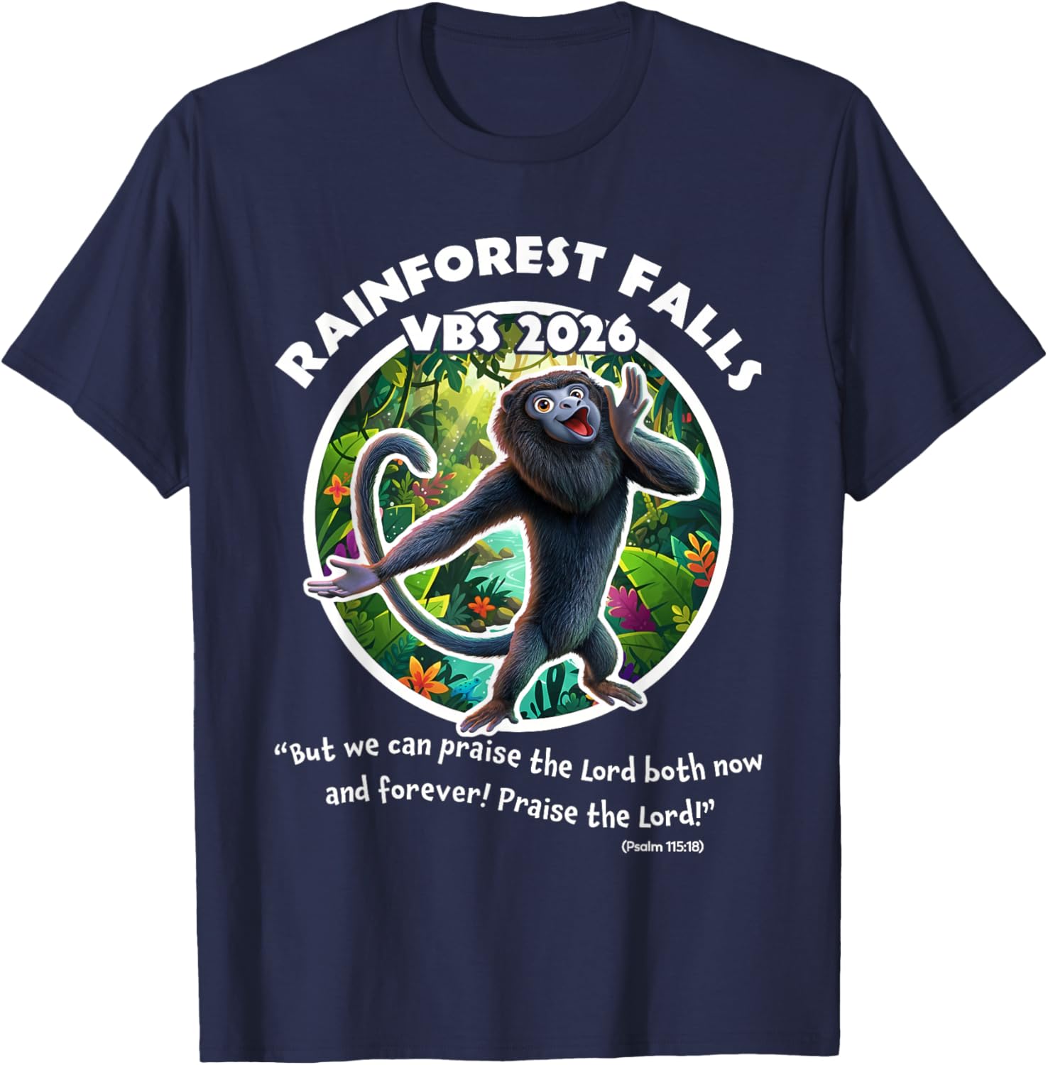 Rainforest Falls VBS 2026 Monkey Jesus Faith Bible Verse T-Shirt - T-Shirt | Navy