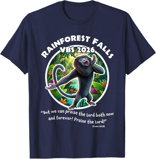 Rainforest Falls VBS 2026 Monkey Jesus Faith Bible Verse T-Shirt - T-Shirt | Navy