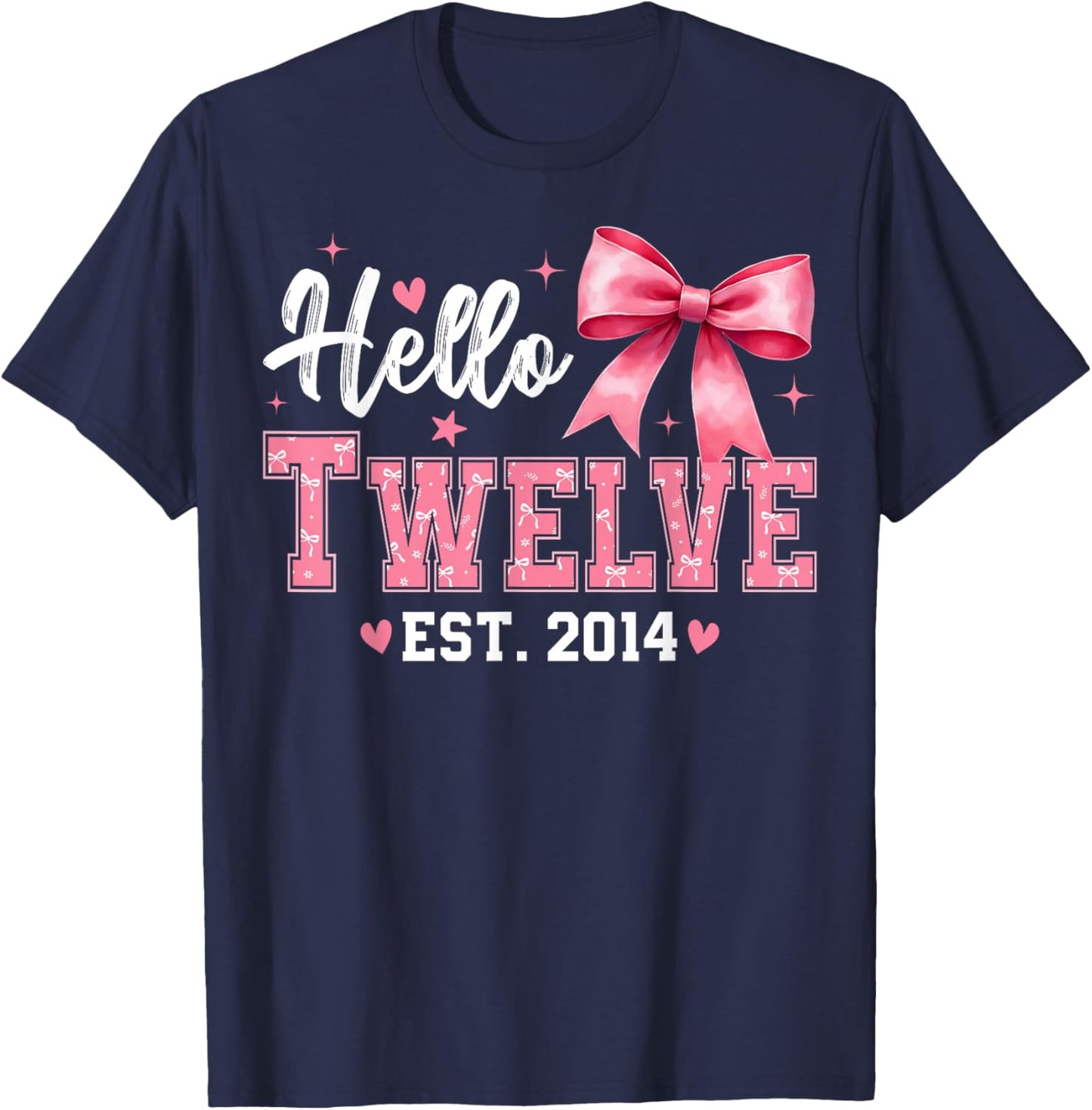 Hello Twelve Est 2014 Coquette Bow 12th Birthday Girl T-Shirt - T-Shirt | Navy